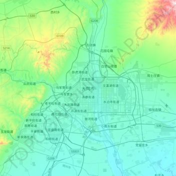 Topografische Karte 平城区, Höhe, Relief