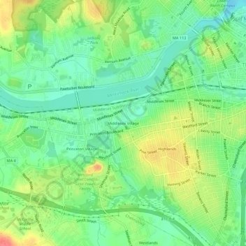 Topografische Karte Middlesex Village, Höhe, Relief