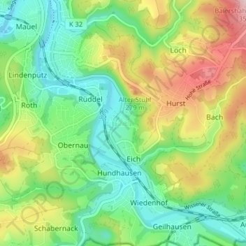 Topografische Karte Eulenbruch, Höhe, Relief
