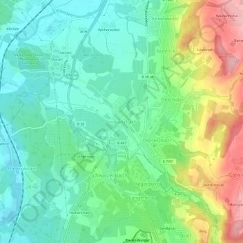 Topografische Karte Untereschach, Höhe, Relief
