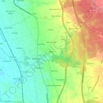 Topografische Karte Aldeia, Höhe, Relief