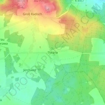 Topografische Karte Thräna, Höhe, Relief