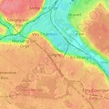Topografische Karte Grigny, Höhe, Relief
