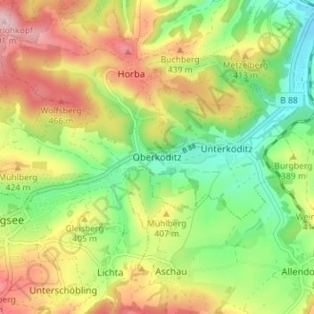 Topografische Karte Oberköditz, Höhe, Relief