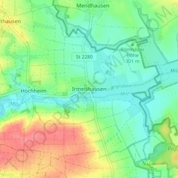Topografische Karte Irmelshausen, Höhe, Relief