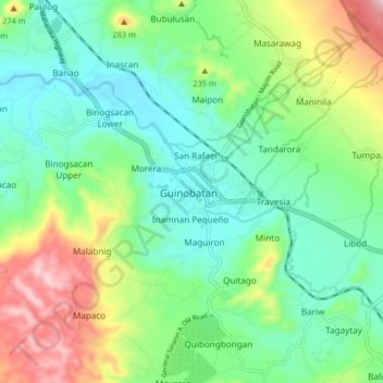 Topografische Karte Guinobatan, Höhe, Relief