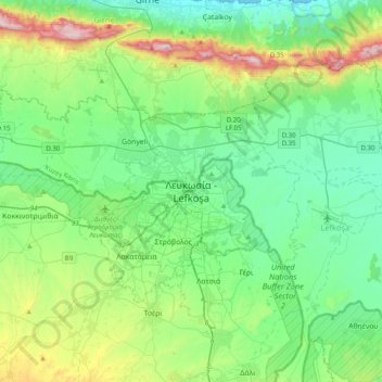 Topografische Karte Nikosia, Höhe, Relief