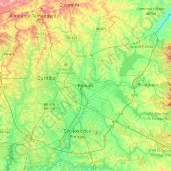 Topografische Karte Pinhais, Höhe, Relief