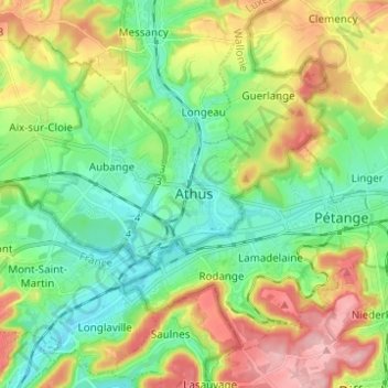 Topografische Karte Athus, Höhe, Relief