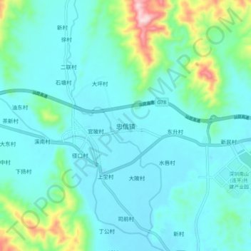 Topografische Karte 忠信镇, Höhe, Relief
