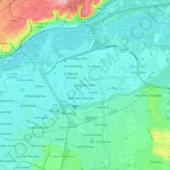 Topografische Karte Vaulx-en-Velin, Höhe, Relief