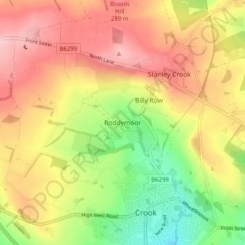 Topografische Karte Roddymoor, Höhe, Relief