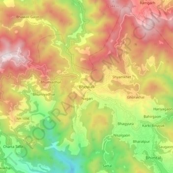 Topografische Karte Bhowali, Höhe, Relief