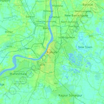Topografische Karte Calcutta, Höhe, Relief