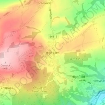 Topografische Karte High Spen, Höhe, Relief