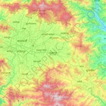 Topografische Karte Bhaktapur, Höhe, Relief