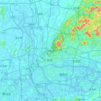 Topografische Karte Guangzhou City, Höhe, Relief