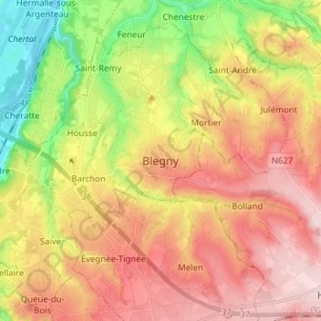 Topografische Karte Blegny, Höhe, Relief