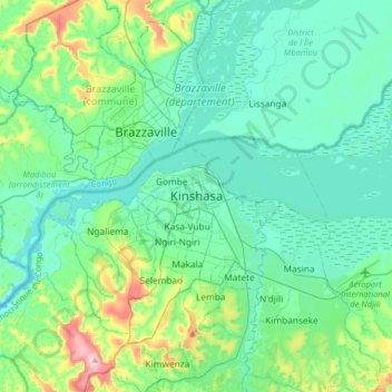 Topografische Karte Kinshasa, Höhe, Relief