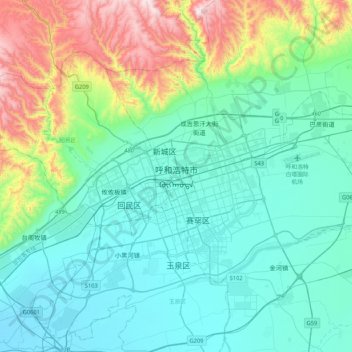 Topografische Karte Hohhot, Höhe, Relief