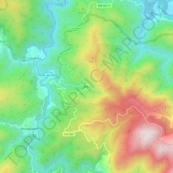 Topografische Karte Telhe, Höhe, Relief