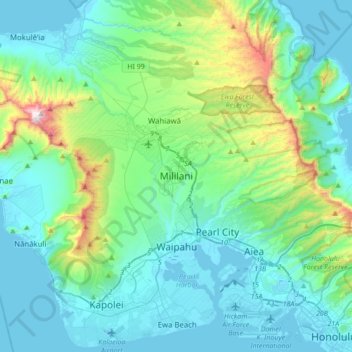 Topografische Karte Mililani, Höhe, Relief