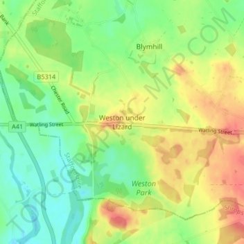 Topografische Karte Weston under Lizard, Höhe, Relief