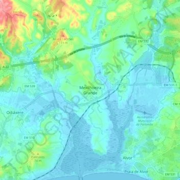 Topografische Karte Mexilhoeira Grande, Höhe, Relief
