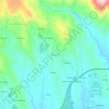 Topografische Karte Meixedo, Höhe, Relief