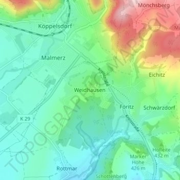 Topografische Karte Weidhausen, Höhe, Relief