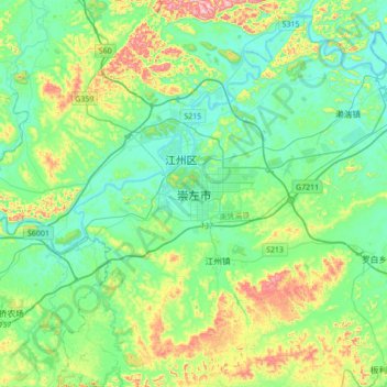 Topografische Karte 崇左市, Höhe, Relief