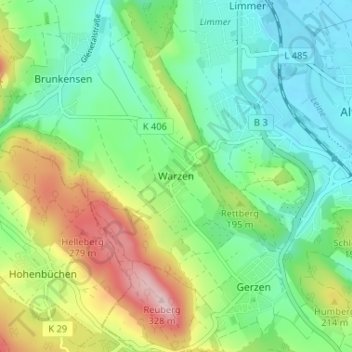 Topografische Karte Warzen, Höhe, Relief