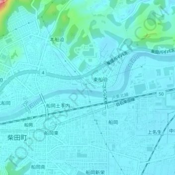 Topografische Karte 白石川堤一目千本桜 桜のトンネル, Höhe, Relief
