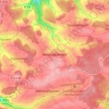 Topografische Karte Weldingsfelden, Höhe, Relief