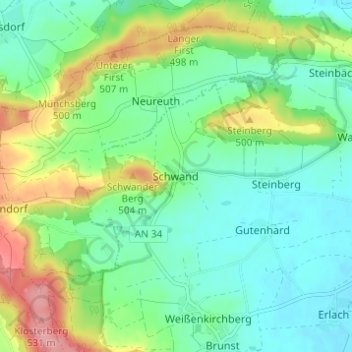Topografische Karte Schwand, Höhe, Relief
