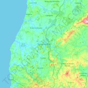 Topografische Karte Torres Vedras, Höhe, Relief