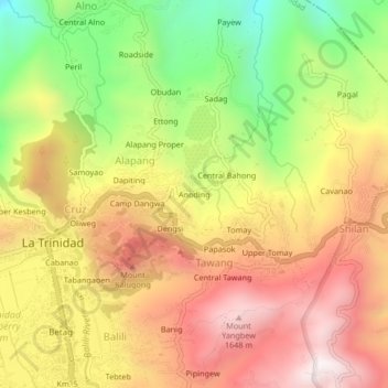 Topografische Karte Anoding, Höhe, Relief