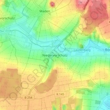 Topografische Karte Niedervorschütz, Höhe, Relief