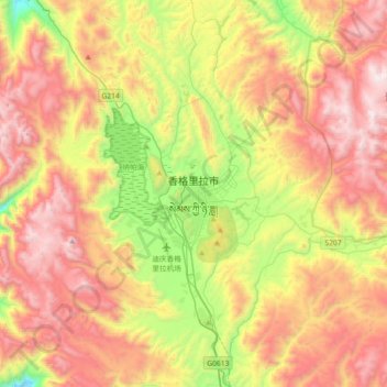 Topografische Karte Shangri-La, Höhe, Relief
