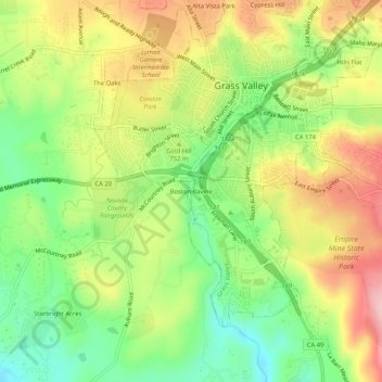 Topografische Karte Boston Ravine, Höhe, Relief