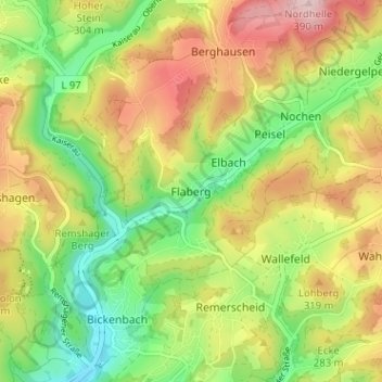 Topografische Karte Flaberg, Höhe, Relief