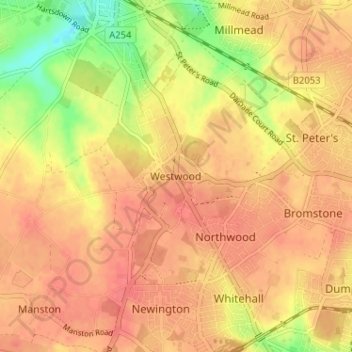 Topografische Karte Westwood, Höhe, Relief