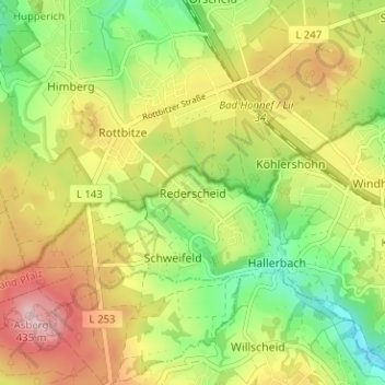 Topografische Karte Rederscheid, Höhe, Relief