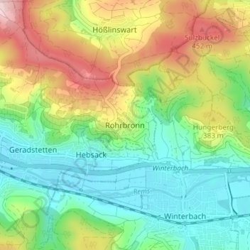 Topografische Karte Rohrbronn, Höhe, Relief