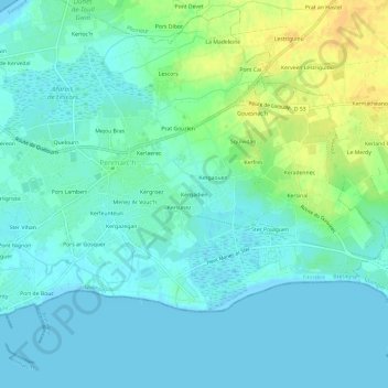 Topografische Karte Kergadien, Höhe, Relief