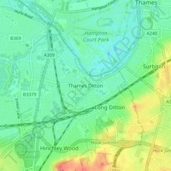 Topografische Karte Thames Ditton, Höhe, Relief