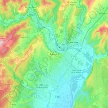 Topografische Karte Aubenas, Höhe, Relief