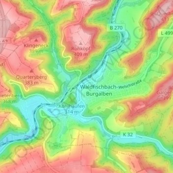 Topografische Karte Waldfischbach, Höhe, Relief
