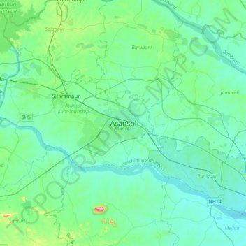 Topografische Karte Asansol, Höhe, Relief