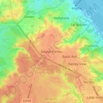 Topografische Karte Dibden Purlieu, Höhe, Relief